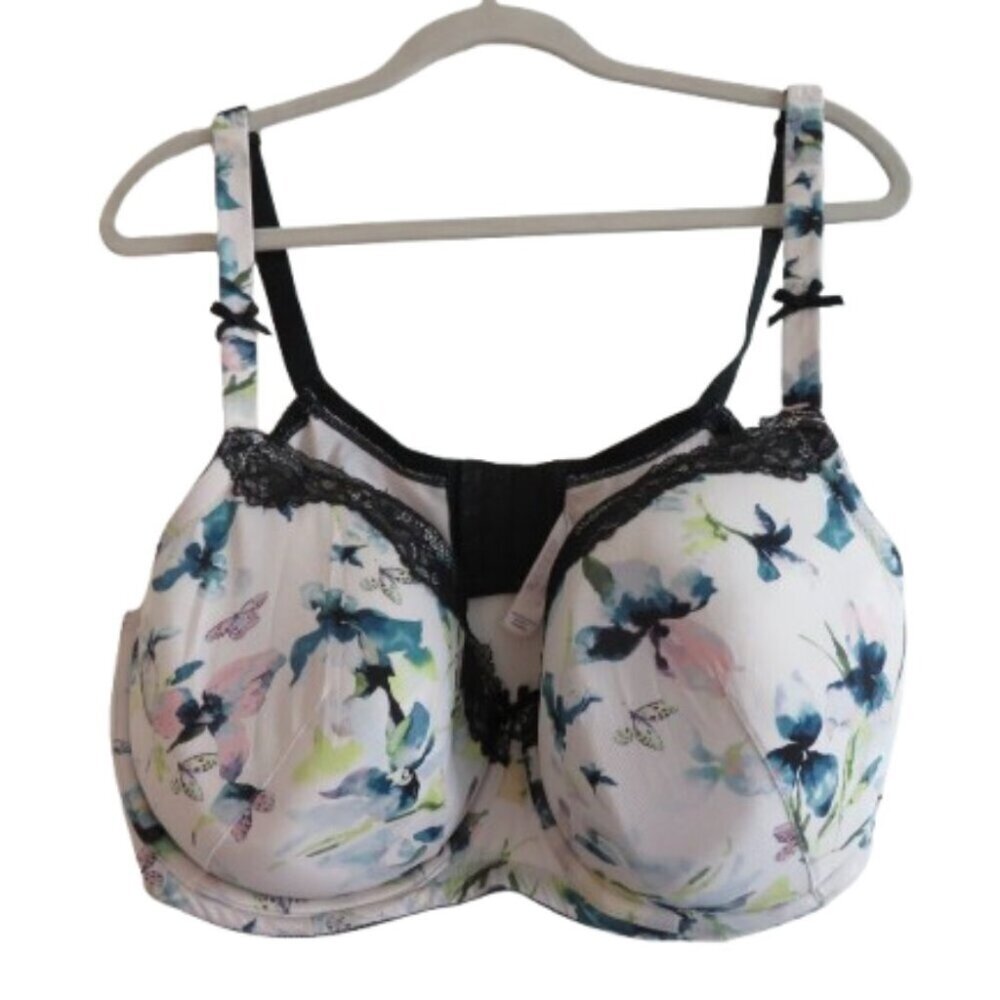 CACIQUE Butterflies and Blooms Lace Padded Bra Navy Blue White - Size 44DDD
